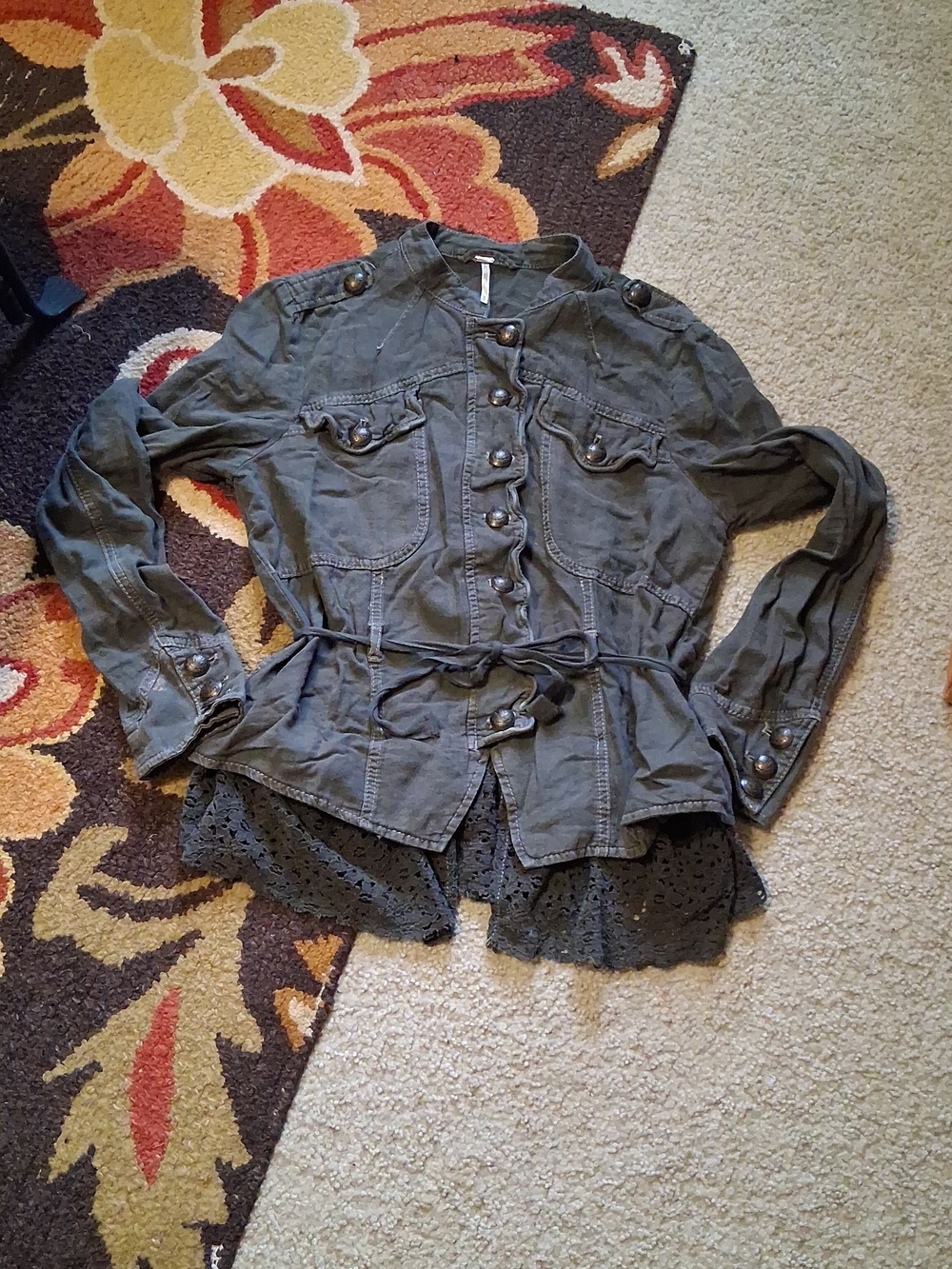 Olive Utility Button-Front Jacket with Lace Hem